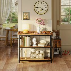 32" Entryway Console Table with Charging Station, Height Adjustable Sofa Table for Living Room, Rustic Brown