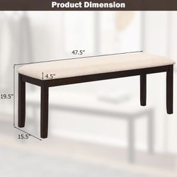 Dining Room Bench, Wood Kitchen Table Bench with Upholstered, Entryway Bench, Bedroom Bench for End of Bed, 47.5” x 15.5” x 19.5” Ottoman Bench, Indoo