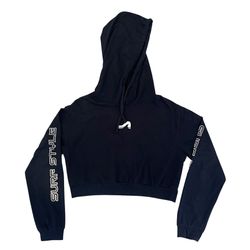 Surf Style Womens M Cropped Pullover Hoodie Black Sweatshirt White Logo Sleeve