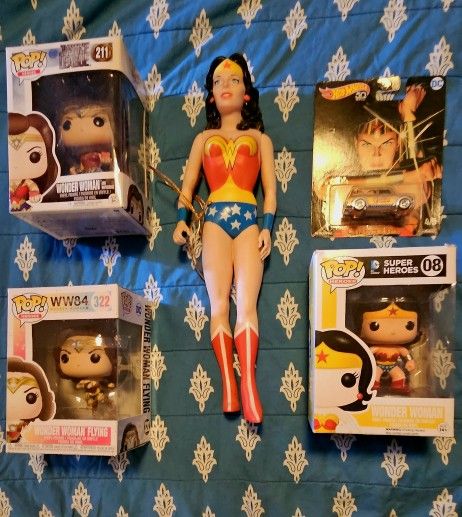 Wonder Woman Funkos, Hot Wheels, & Vintage 14" Doll
