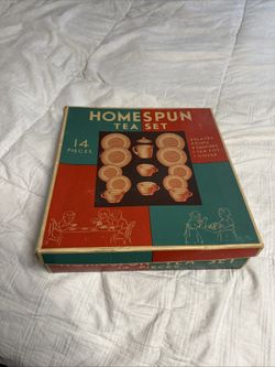 Jeannette HOMESPUN PINK 14 PC CHILD'S TEA SET W/BOX