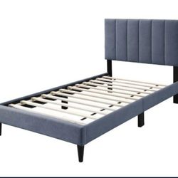 ✅️✅️Charcoal brushed linen fabric upholstered twin bed frame set vertical channels tufted headboard✅️✅️