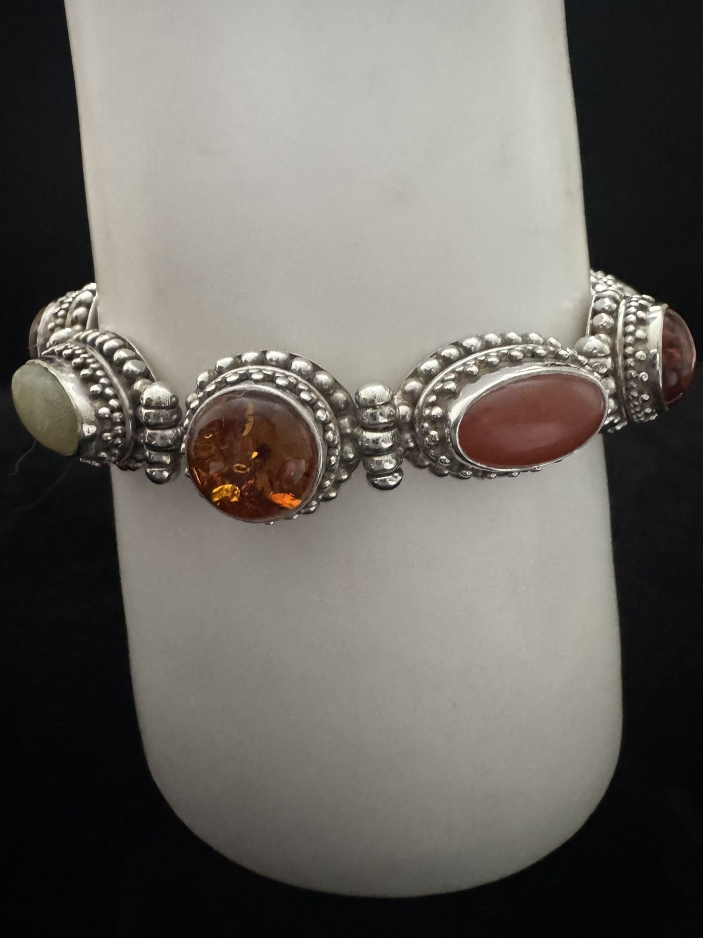 BA Surati Sterling Bead Detail Amber Carnelian & Chrysoprase Toggle Bracelet