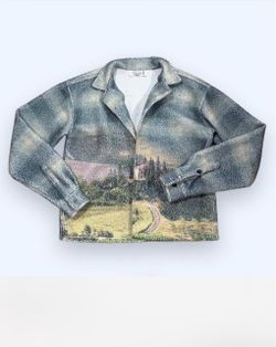 Vale sherpa button up  jacket with landscape print featuring trees and a winding road, size S #landscape #vale #streetwear #fall