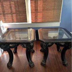 Beautiful Black End Table Set, Real Wood w/Center Glass Tops