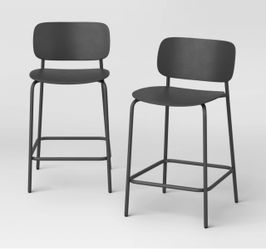 Set of 2 24" Molded Plastic with Metal Base Counter Height Barstool with Footrest Black