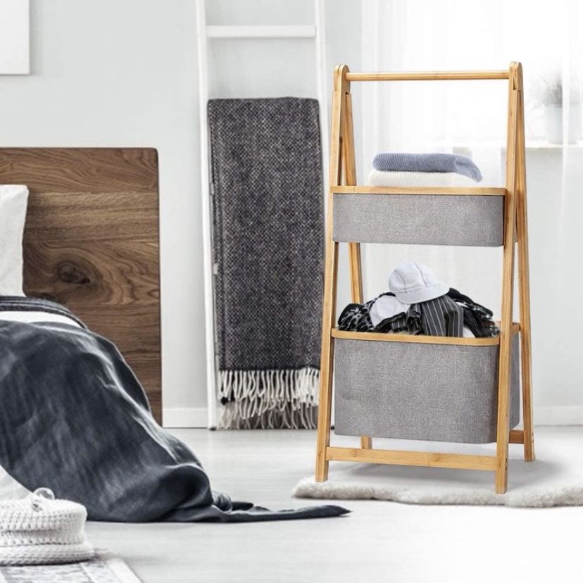 2-Tier Bamboo Fabric Storage Rack, Folding Frame for Living Room, Bathroom, Balcony, Storage Basket, Natural