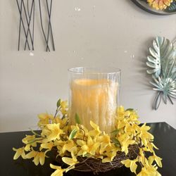 Pretty Floral Centerpiece With Lighted Candle 9”