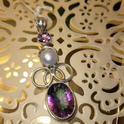 New 2.5" Long Mystic Topaz Peatl Amethyst  Pendant 