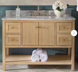 Arcott 49 in. Single Sink Fluted Natural Wood Bath Vanity with White Carrara Marble Top