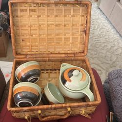 Japanese Seven Piece Tea Set, Unique Ceramic brown & green Celadon swirl Basket