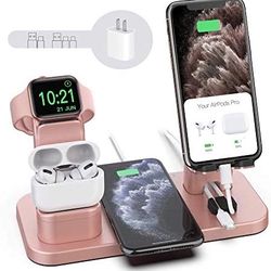 4 in 1 Wireless Charger Stand for Smart Phones, Watches & AirPods in Rose Gold