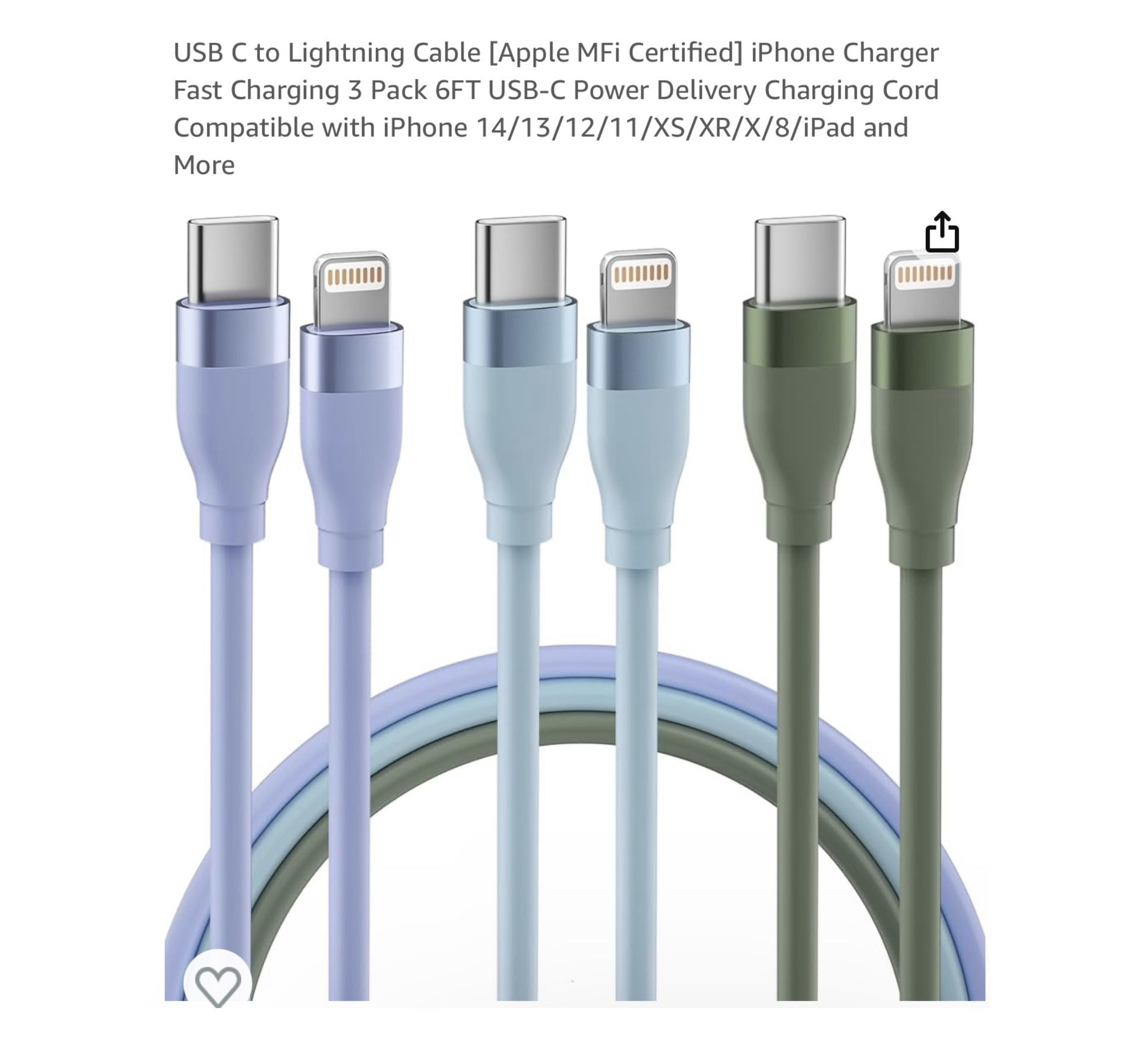 Brand new USB C to Lightning Cable [Apple MFi Certified] iPhone Charger Fast Charging 3 Pack 6FT USB-C Power Delivery Charging Cord Compatible with iP