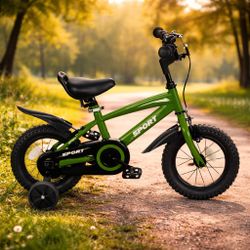 12 in Kid Bike Green for Boys Girls with Trainning Wheels Sturdy Frame Adjustable Seat