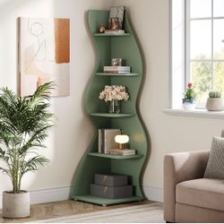 Wavy Corner Shelf, Modern 5-Tier Bookshelf Bookcase with Curvy Shape, Unique Plant Stand Display Rack for Living Room Small Space (Green)