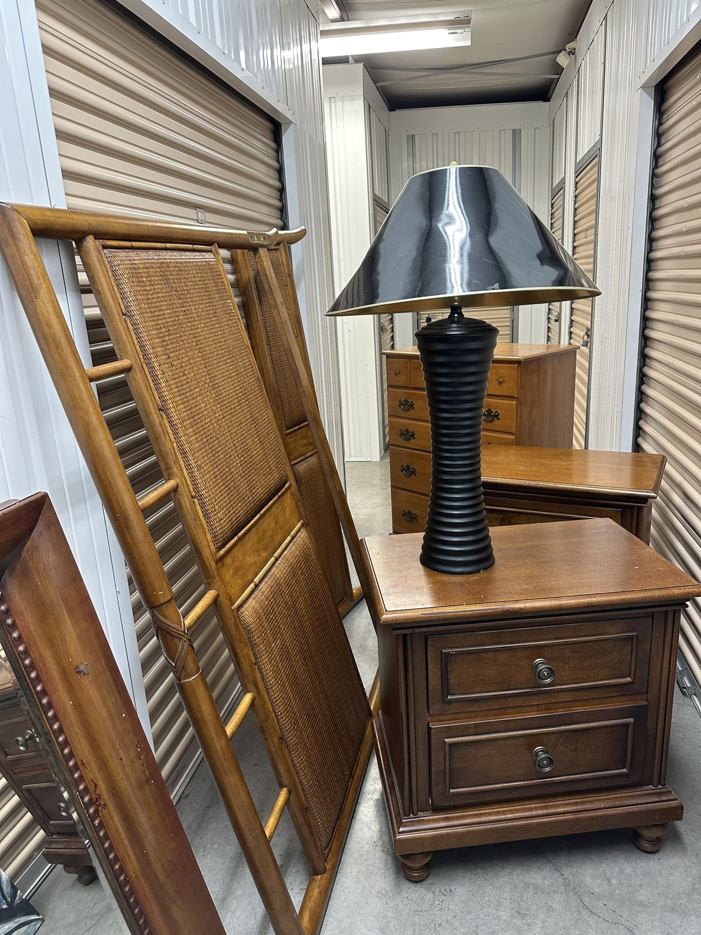 Entire Full Size Bedroom set with bed, dresser, nightstands, mirror, lamp and paintings.