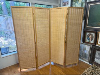 Vintage mid-century four panel woven Raton BoHo bamboo folding room divider Vintage mid-century four panel woven Raton BoHo bamboo folding room divide