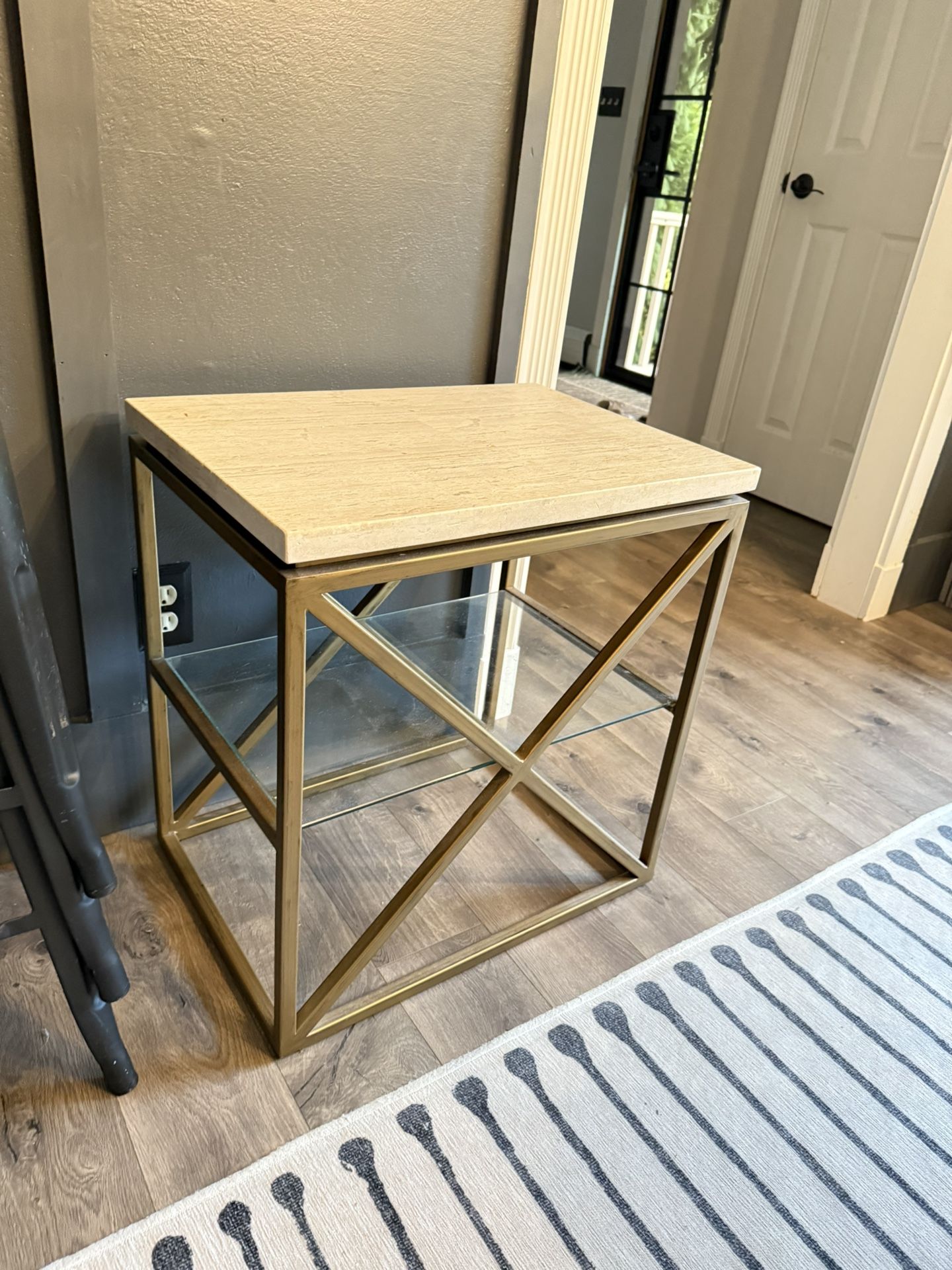 Travertine Top Side Table – Gold Metal Frame + Glass Shelf
