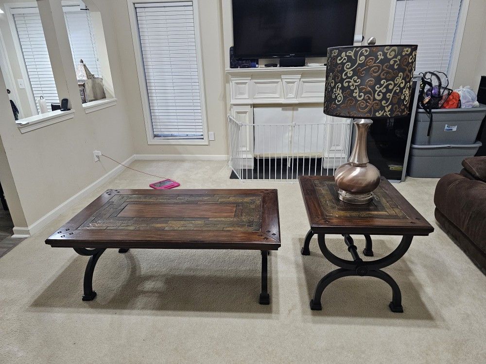 Solid wood & stone rectangular Cocktail Table & Side Table with Lamp