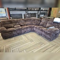 Chocolate Color Manual Motion Sectional Sofa Set With Drawer and Cup Holder