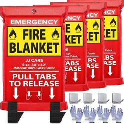 JJ CARE Fire Blanket – 4 Packs with Hooks and Gloves – 40” x 40” Fire Blankets Emergency for Home and Kitchen, High Heat Resistant and Flame Protectio