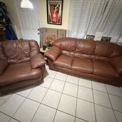 Leather Sofa-Bed With Comfy Leather Chair 