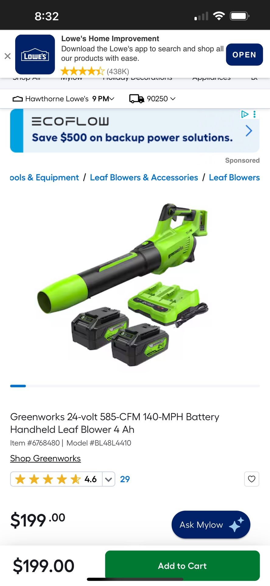 Greenworks 24-volt 585-CFM 140-MPH Battery Handheld Leaf Blower 4 Ah