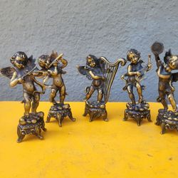 Vintage Brass Clad Composition Group of 5 Cherub Musicans & Conductor Figures