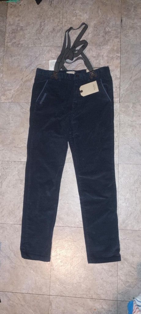 Zara Corduroy Fleece Navy Blue Pants With Suspenders