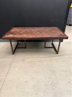 Rustic Industrial Coffee Table | Herringbone Parquet Wood Top + Metal Base | 44x26x16