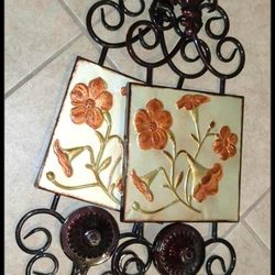 X2 FLORAL FLOWER METAL SCROLL GOLD BURGUNDY RED BRONZE CANDLE HOLDER PILLER WALL SCONCE SET