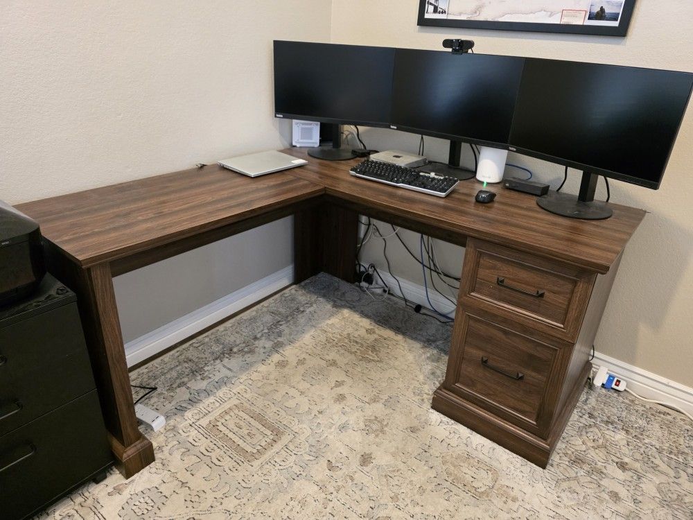 Dark Walnut L Shaped Desk With Hutch