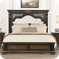 💎 ESPRESSO FINISH EASTERN KING SIZE BED FRAME PLEATED DIAMOND BUTTON TUFTING💎
