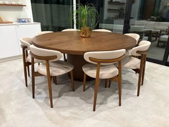 SET OF 8 DESIGNER DINING CHAIRS | CREAM + WALNUT