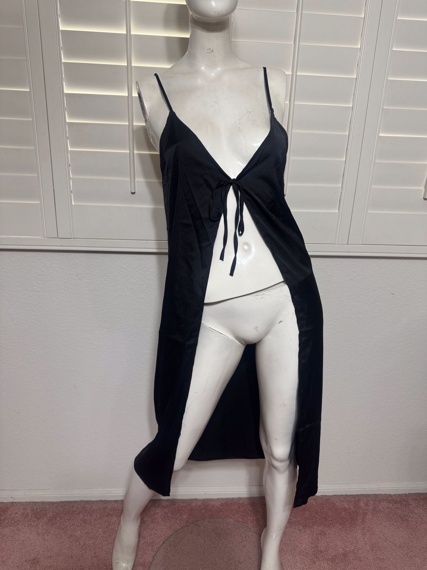 New medium black satin long tie dress cover lingerie robe gothic nightgown