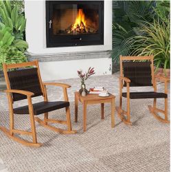 3 Pieces Patio Rocking Chair Set, Patiojoy Acacia Wood Rocker with Side Table, Outdoor Chairs with Wicker Rattan Seat & Backrest, Patio Bistro Set for