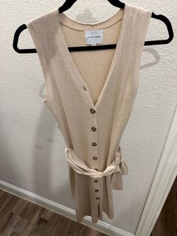 Pink Rose Beige Ribbed Knit V-Neck Sleeveless Midi Sweater Dress Belted M