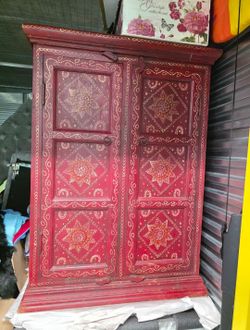 Antique Hand Painted Red Moroccan Linen Press Armoire Cabinet Wardrobe Chest