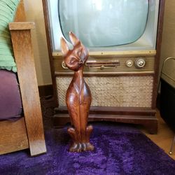 MCM Tiki Teak Wood Carved Siamese Cat Vintage 25" Tall 6" Wide
