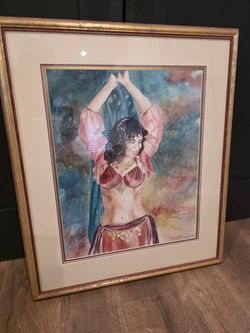 Belly Dancer holding a sheer blue veil Water Color