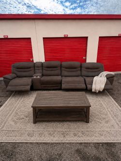 Brown Reclining Sofa with Console & USB Ports – Delivery Available!