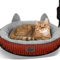 New In Box Heated Cat Bed for Small Size Cats, Heated Pet Bed with Timer & Temp Adjustable, Removable Waterproof Pet Heating Pad for Indoor, Gray Cozy