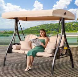 Outdoor Patio Porch Swing with Adjustable Canopy, 3 Seat Outdoor Swing for Adults, Patio Swing Chair with Thickened Cushions,Pillows & Cup Holders for
