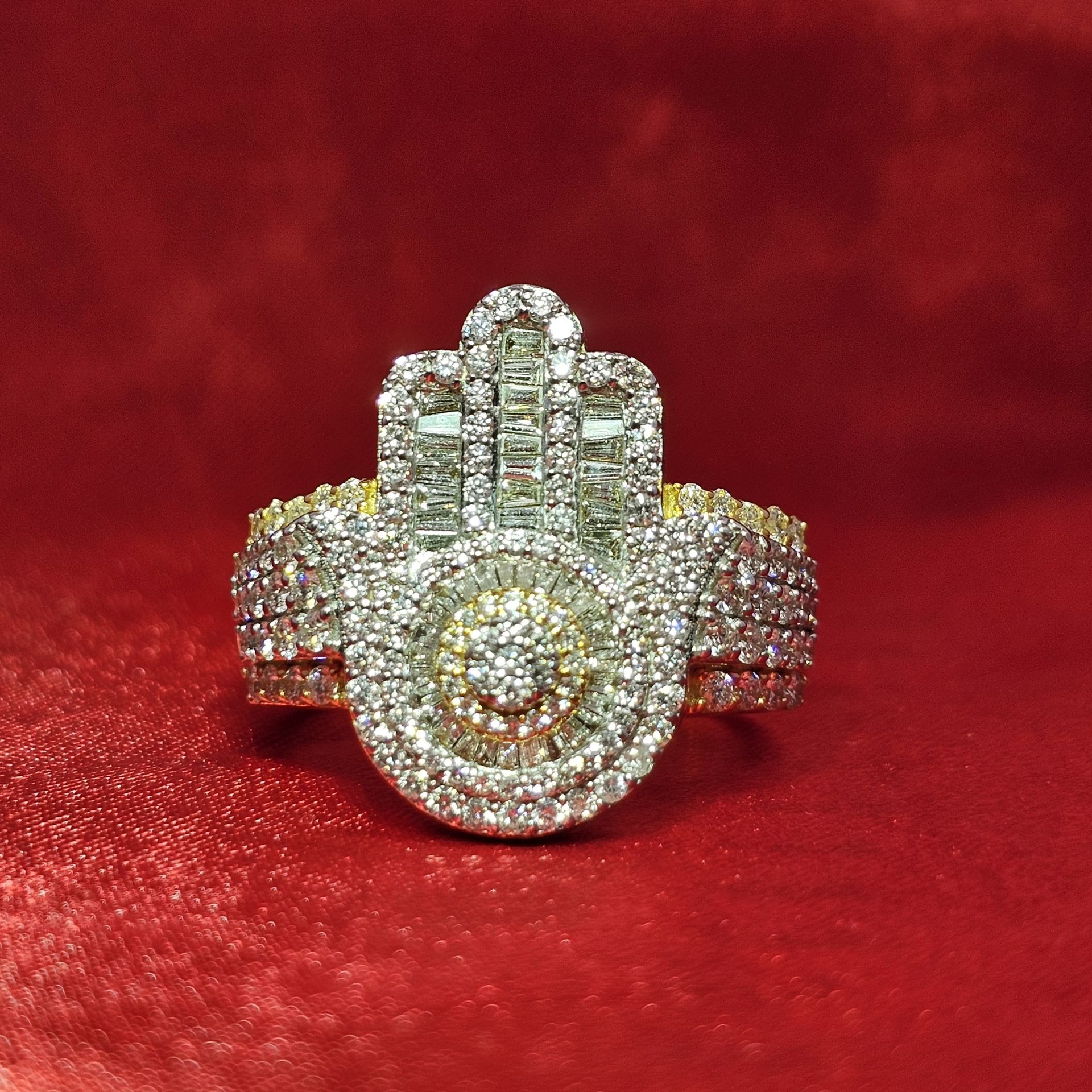 10k Yellow Gold Diamond Hamsa Hand Ring 1.99 ctw
