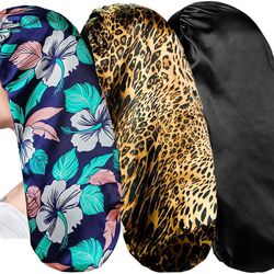 3 Pack Long Silky Sleep Bonnet for Curly Hair, Extra Large Hair Bonnets for Dreadlock and Braids , Long Satin Sleeping Caps Night Cap for Women

