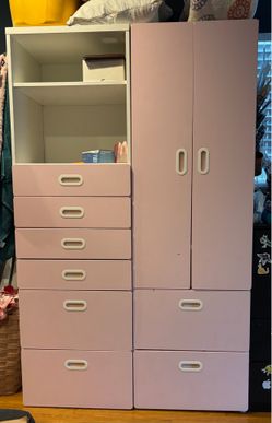 2 Tall pink dressers with closet