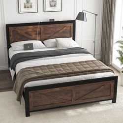 DOGIBIXO Led Bed Frame King Size with USB Charging Station, Industrial Platform Bed Frame with Farmhouse Barn Door Headboard, Strong Metal Slats Suppo