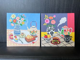 Set of 2-Teatime hand painted 6”x6” Acrylic Painting on canvas panel