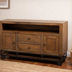 Farmhouse Solid Wood Media Console / TV Stand – Industrial Base w/ Casters