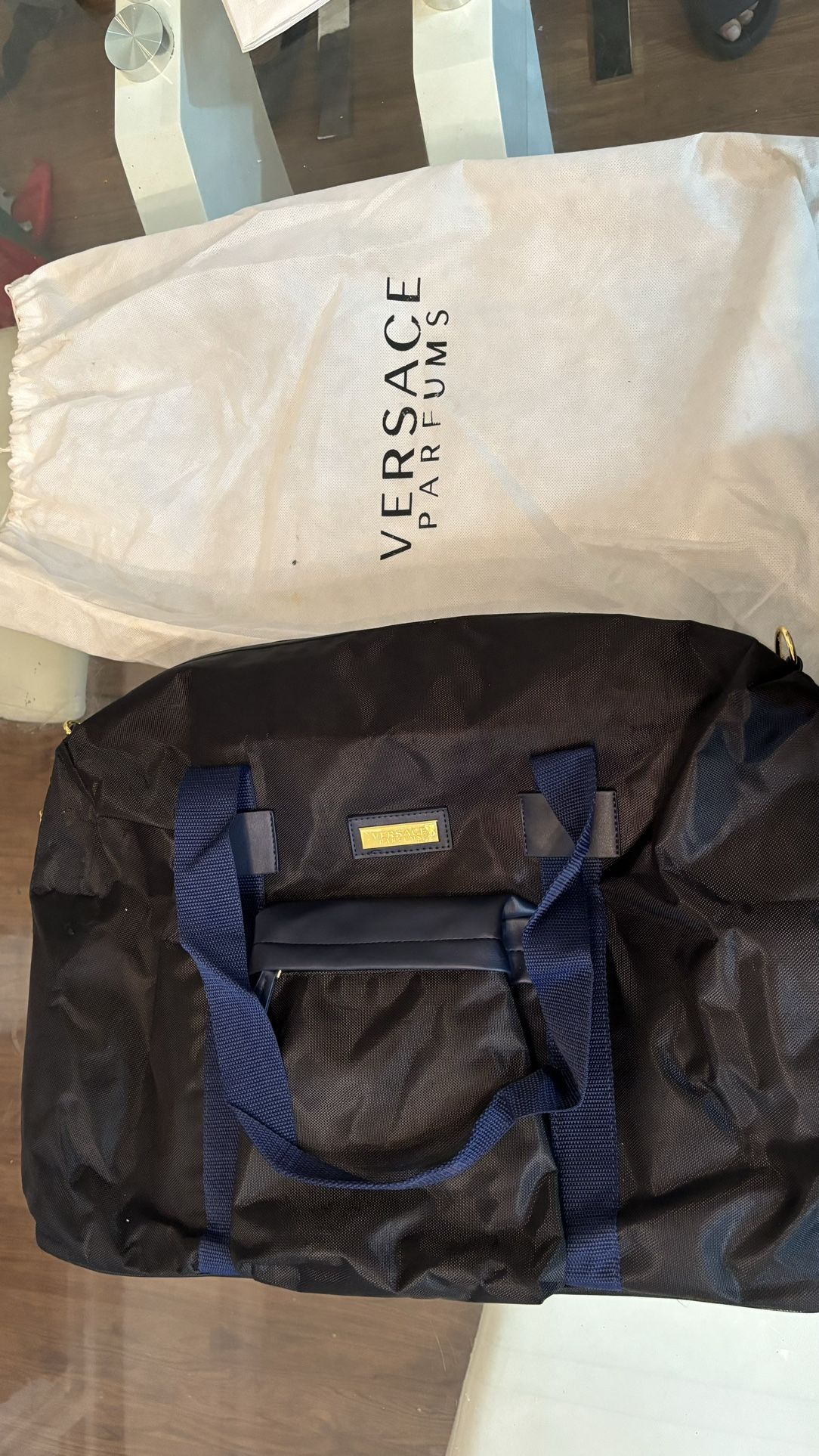 VERSACE parfums LARGE nylon duffel bag Weekender Black With Blue Accents
